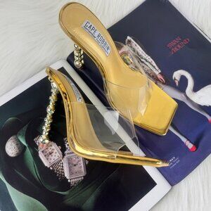 Cape Robbin Metro Gold Patent Leather Clear Vamp Slip On Heel Sandals Mules